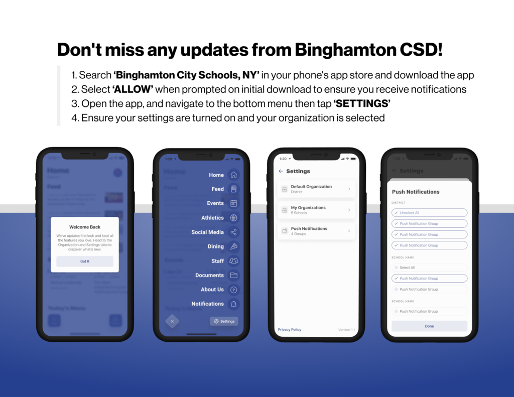 How to sign up for alerts on the Binghamton Schools app